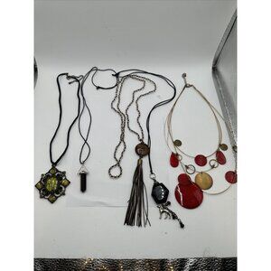 Lot Of 5 Boho Cord Glass Stone Crystal Shell Necklaces